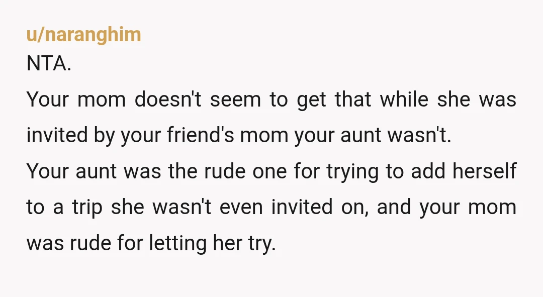 u/naranghim NTA. Your mom doesn't seem to get that while she was invited by your friend's mom your aunt wasn't. Your aunt was the rude one for trying to add...