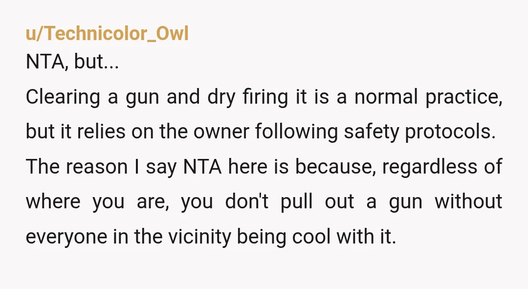 u/Technicolor_Owl NTA, but... Clearing a gun and dry firing it is a normal practice, but it relies on the owner following safety protocols. The reason I say NTA here is...