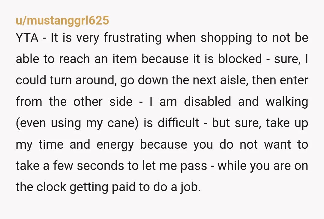 u/mustanggrl625 YTA - It is very frustrating when shopping to not be able to reach an item because it is blocked - sure, I could turn around, go down the...