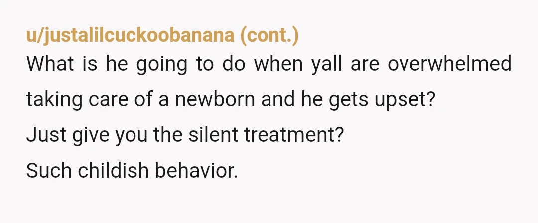 u/AristotlesBoyPussy NTA. If he can't get on your side then he needs to stay gone and keep others out. When a person is having a baby they need privacy and...