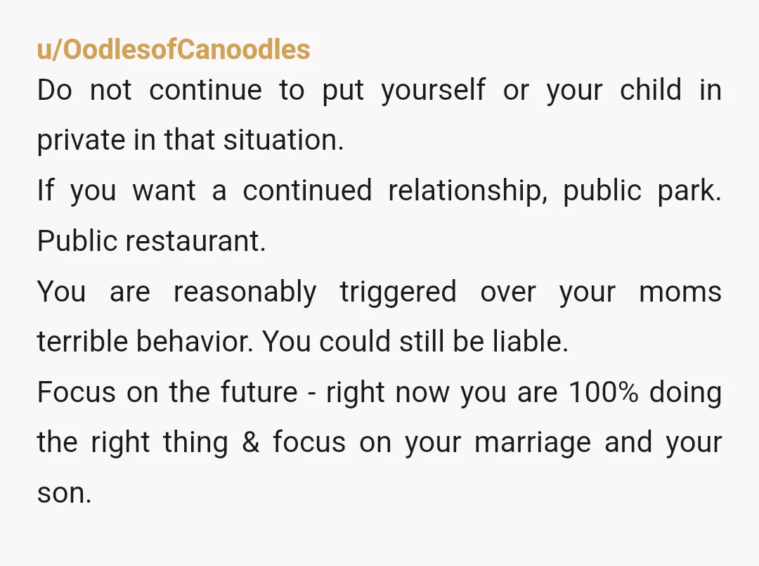 u/OodlesofCanoodles Do not continue to put yourself or your child in private in that situation. If you want a continued relationship, public park. Public restaurant.  You are reasonably triggered...
