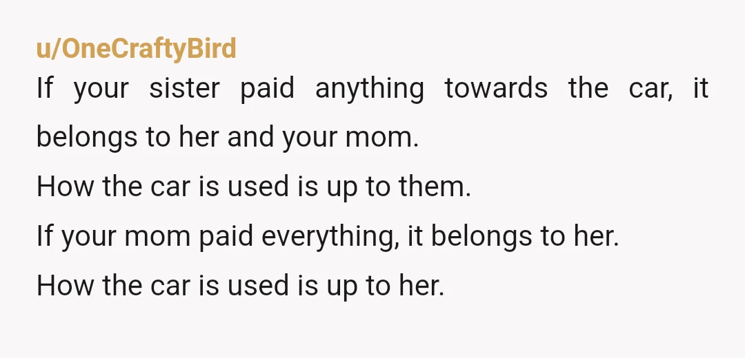 u/Northern_Athena Question 1 - Who OWNS the car?…if your name isn’t on the paperwork, you do not have a legal leg to stand on. Ethically, if you all live together...