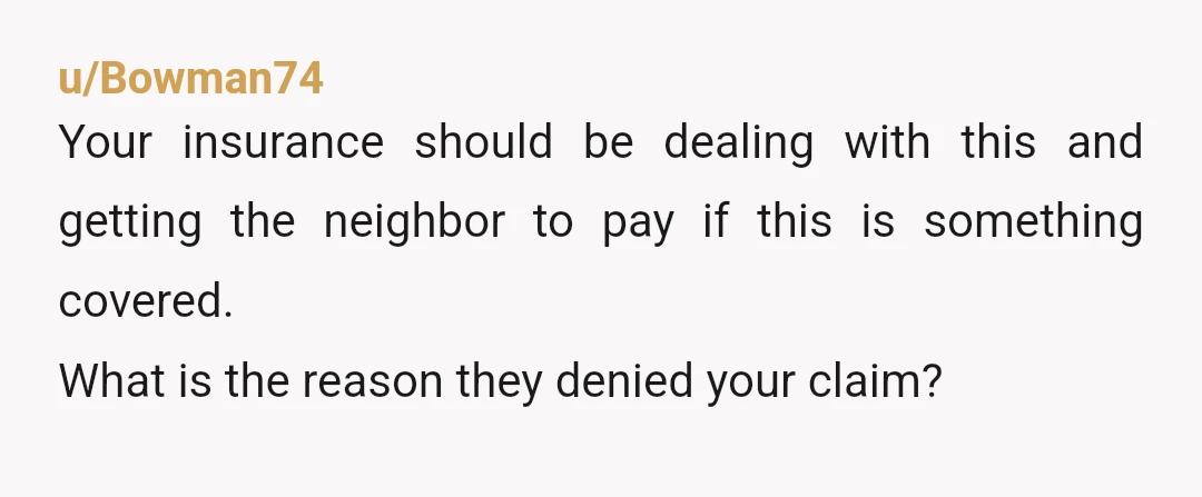u/Bowman74 Your insurance should be dealing with this and getting the neighbor to pay if this is something covered. What is the reason they denied your claim? If not a...