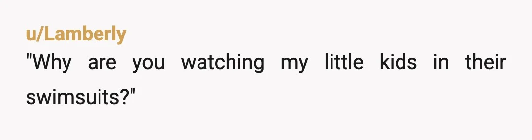 u/Lamberly
"Why are you watching my little kids in their swimsuits?"