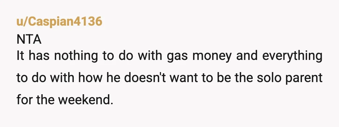 u/Caspian4136
NTA
It has nothing to do with gas money and everything to do with how he doesn't want to be the solo parent for the weekend.