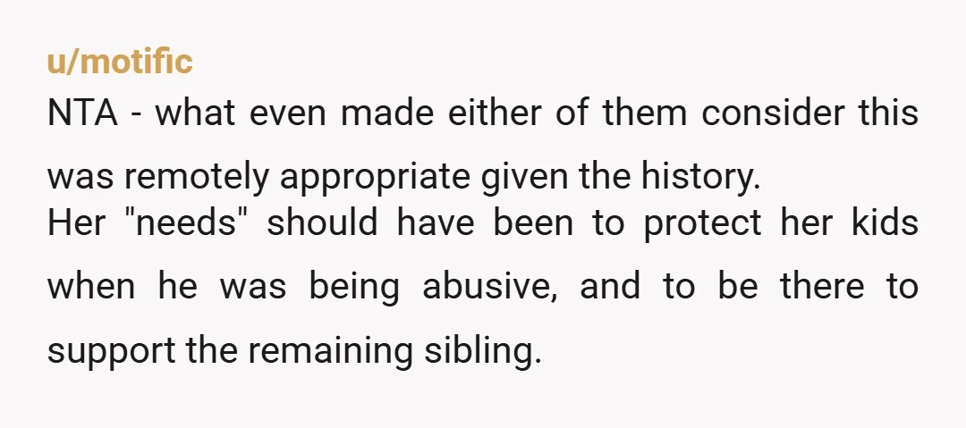 u/motific NTA - what even made either of them consider this was remotely appropriate given the history. Her "needs" should have been to protect her kids when he was being...