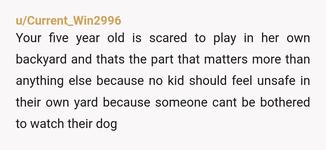 u/Current_Win2996 Your five year old is scared to play in her own backyard and thats the part that matters more than anything else because no kid should feel unsafe in...
