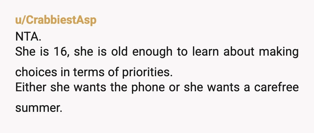u/CrabbiestAsp
NTA.
She is 16, she is old enough to learn about making choices in terms of priorities.
Either she wants the phone or she wants a carefree summer.