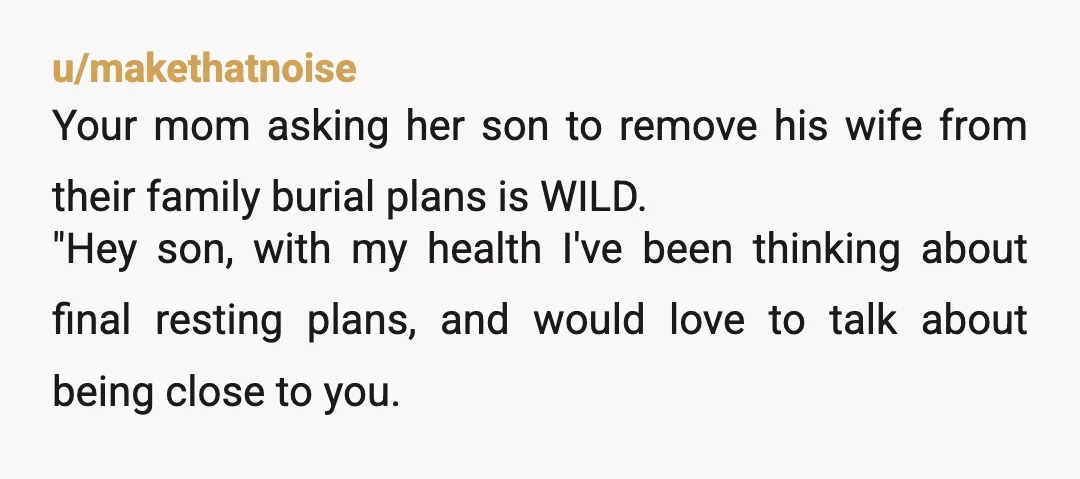 u/makethatnoise Your mom asking her son to remove his wife from their family burial plans is WILD. "Hey son, with my health I've been thinking about final resting plans, and...
