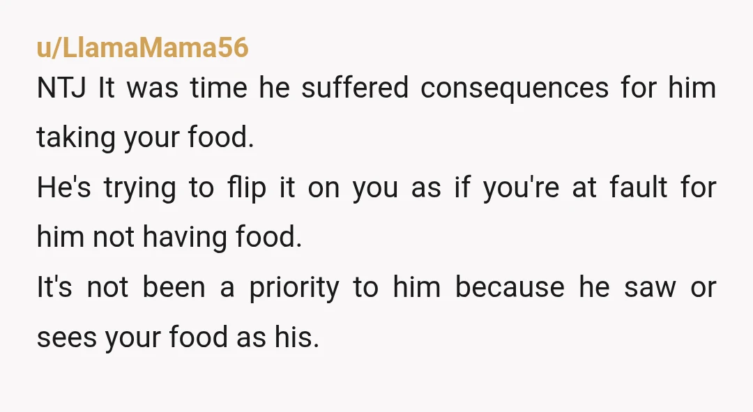 u/LlamaMama56 NTJ It was time he suffered consequences for him taking your food. He's trying to flip it on you as if you're at fault for him not having food....