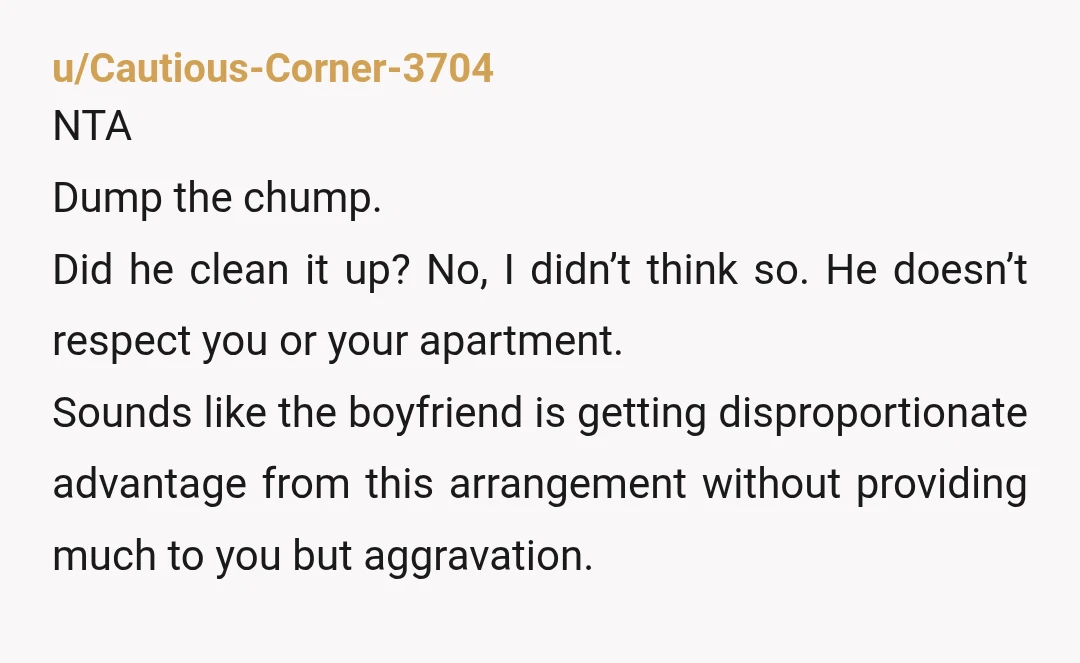 u/Cautious-Corner-3704 NTA Dump the chump. Did he clean it up? No, I didn’t think so. He doesn’t respect you or your apartment. Sounds like the boyfriend is getting disproportionate advantage...
