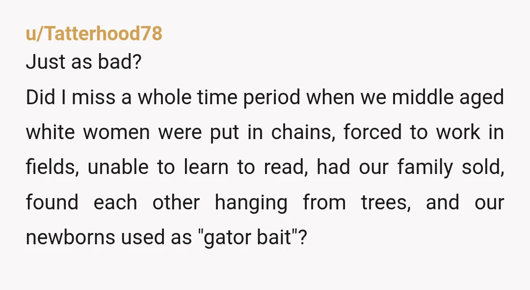 u/Tatterhood78 Just as bad? Did I miss a whole time period when we middle aged white women were put in chains, forced to work in fields, unable to learn to...