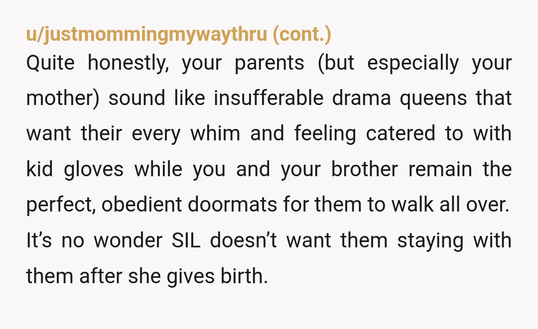 u/LeeAllen3
NTA
You, your brother and your SIL have a made reasonable, rational decisions.
Your parents are awful.