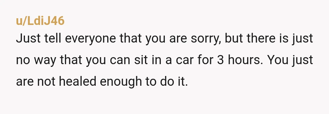 u/Expensive_Crab_6453 Your mom wants you to sit in a car for three hours when sitting hurts, take a five day old infant into a huge crowd and she thinks YOU...