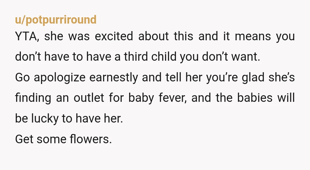 u/potpurriround YTA, she was excited about this and it means you don’t have to have a third child you don’t want. Go apologize earnestly and tell her you’re glad she’s...