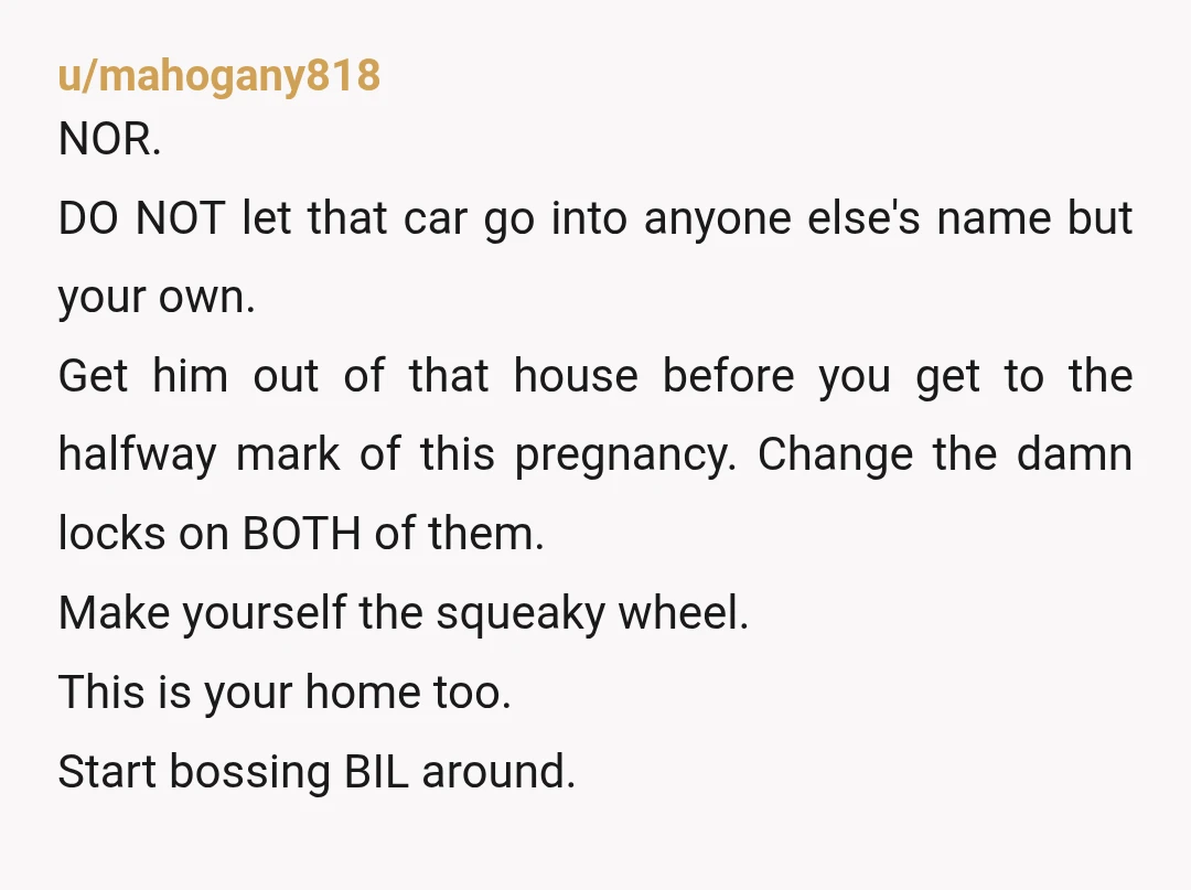 u/ClassicParking8464 Nor. Absolutely DO NOT. Let your husband put that car in his brothers name. Unless that brother can prove he obtained the job. Even then, the car can stay...
