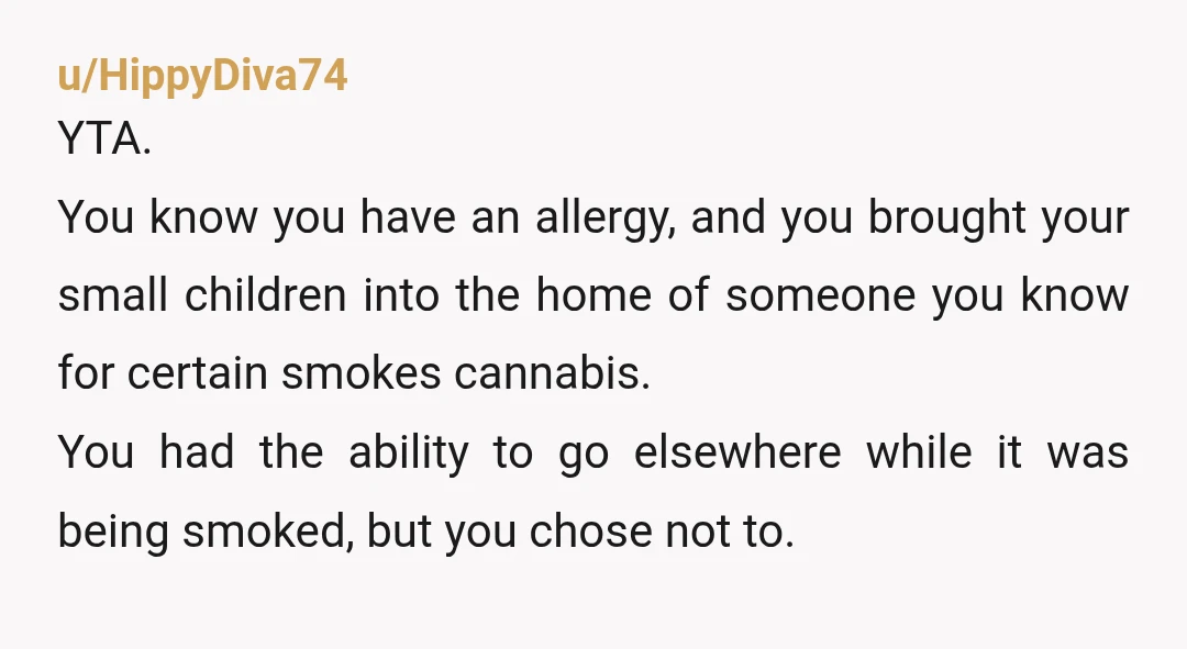 u/HippyDiva74 YTA. You know you have an allergy, and you brought your small children into the home of someone you know for certain smokes cannabis. You had the ability to...