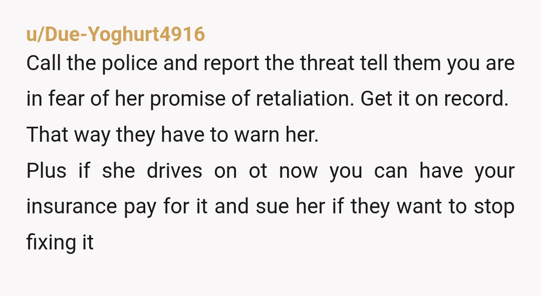 u/Due-Yoghurt4916 Call the police and report the threat tell them you are in fear of her promise of retaliation. Get it on record. That way they have to warn her....