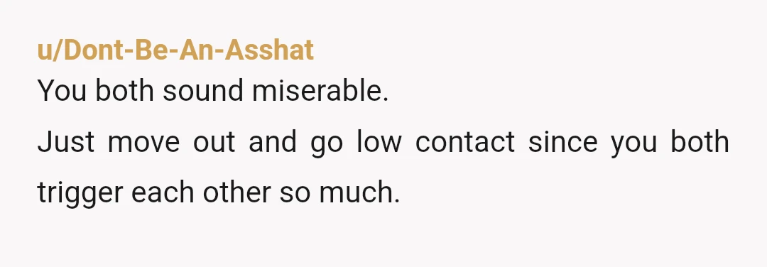 u/Dont-Be-An-Asshat
You both sound miserable.
Just move out and go low contact since you both trigger each other so much.