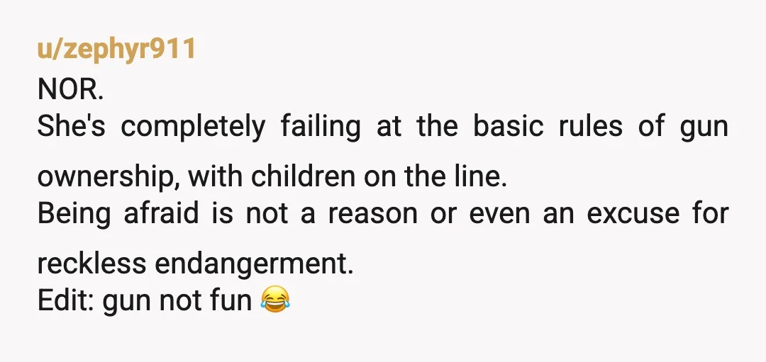 u/zephyr911 NOR. She's completely failing at the basic rules of gun ownership, with children on the line. Being afraid is not a reason or even an excuse for reckless endangerment....