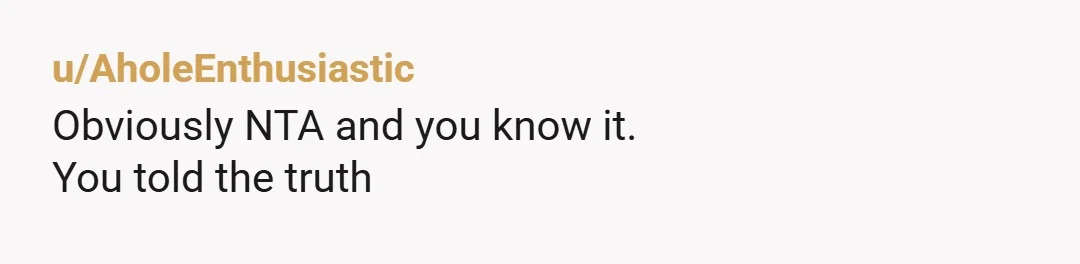 u/AholeEnthusiastic
Obviously NTA and you know it.
You told the truth