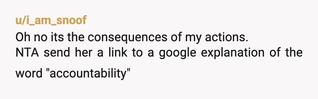 u/i_am_snoof
Oh no its the consequences of my actions.
NTA send her a link to a google explanation of the word "accountability"