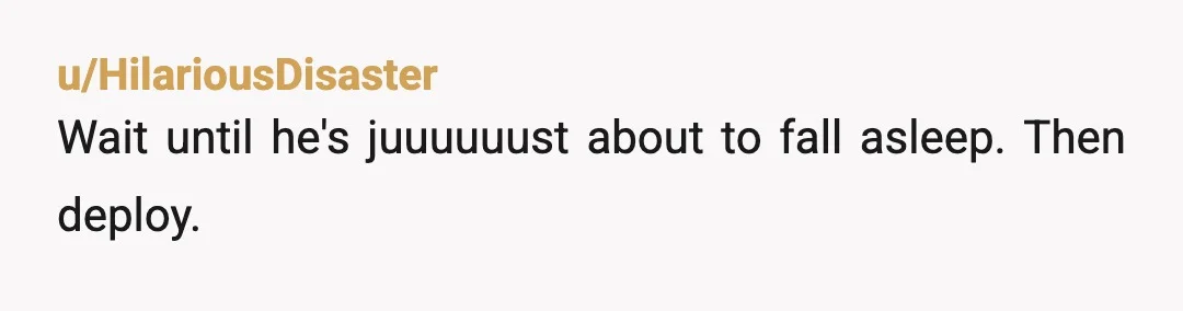 u/HilariousDisaster
Wait until he's juuuuuust about to fall asleep. Then deploy.