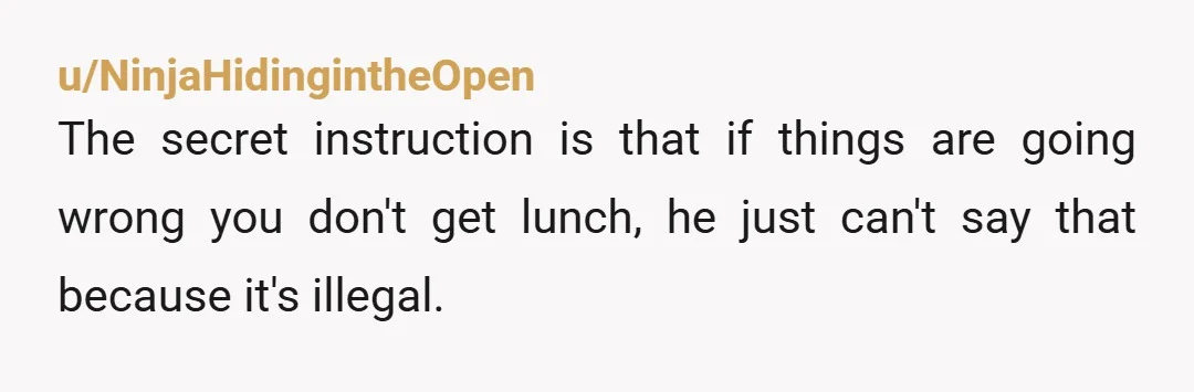 u/NinjaHidingintheOpen The secret instruction is that if things are going wrong you don't get lunch, he just can't say that because it's illegal.