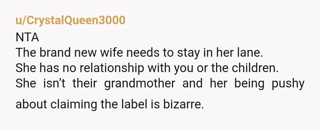 u/CrystalQueen3000 NTA The brand new wife needs to stay in her lane. She has no relationship with you or the children. She isn’t their grandmother and her being pushy about...