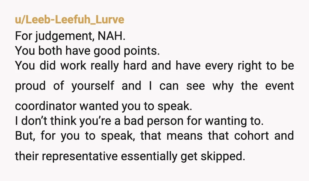 u/Leeb-Leefuh_Lurve For judgement, NAH. You both have good points. You did work really hard and have every right to be proud of yourself and I can see why the event...