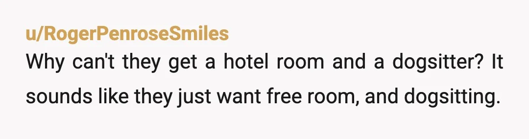 u/RogerPenroseSmiles
Why can't they get a hotel room and a dogsitter? It sounds like they just want free room, and dogsitting.