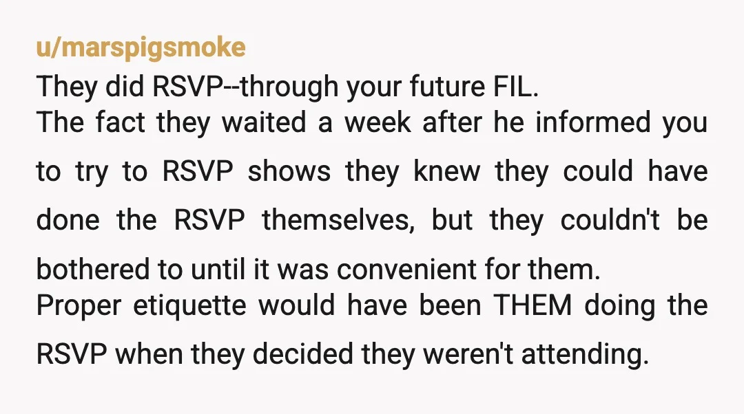 u/marspigsmoke They did RSVP--through your future FIL. The fact they waited a week after he informed you to try to RSVP shows they knew they could have done the RSVP...