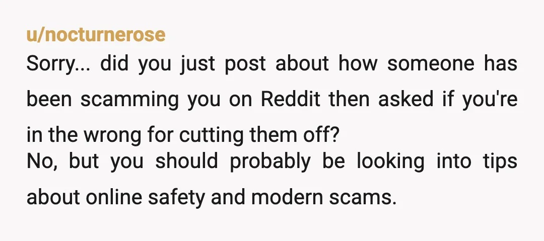 u/nocturnerose Sorry... did you just post about how someone has been scamming you on Reddit then asked if you're in the wrong for cutting them off? No, but you should...