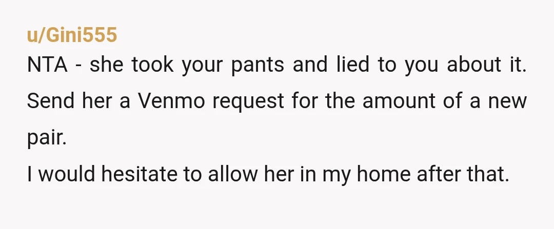 u/ghostcraft33 NTA - First of all when you borrow clothing from someone you treat the clothes nicely- second she didn't even ask. She ruined your pants so replacing them seems...