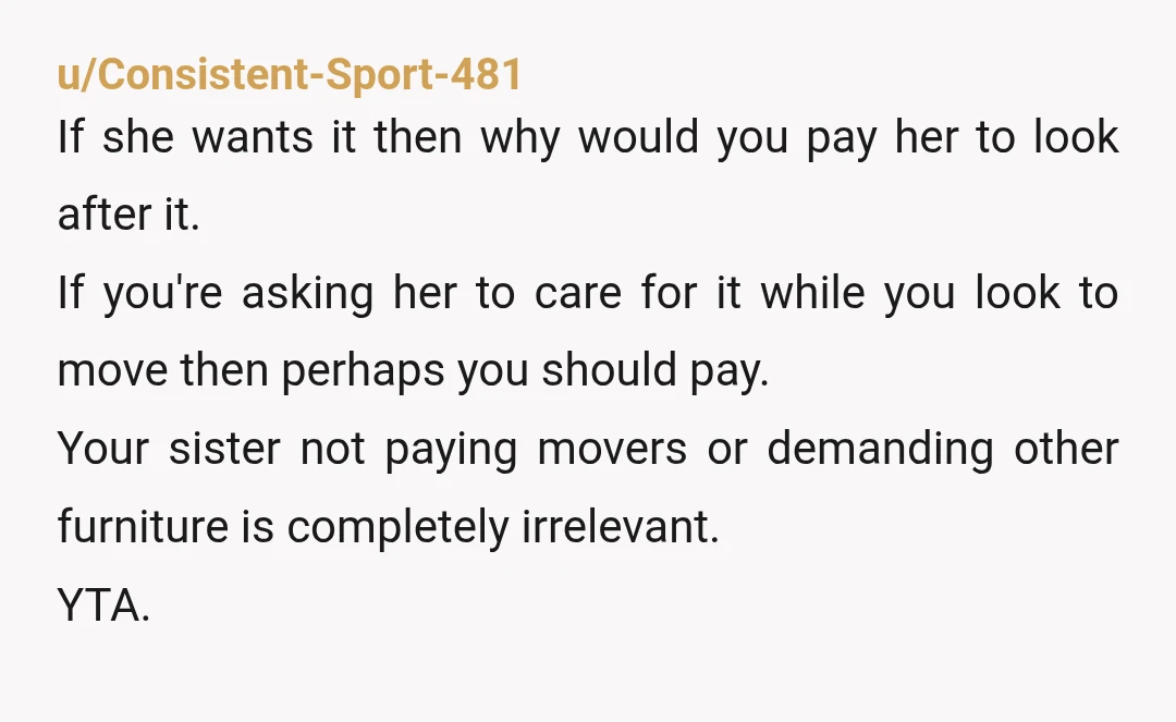 u/Urbanyeti0 YTA you’re expecting her to pay to move a piano and to use up a large space for “a few months” whatever that might be This isn’t a small...