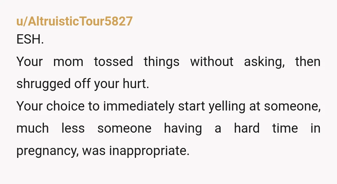 u/AltruisticTour5827 ESH. Your mom tossed things without asking, then shrugged off your hurt. Your choice to immediately start yelling at someone, much less someone having a hard time in pregnancy,...