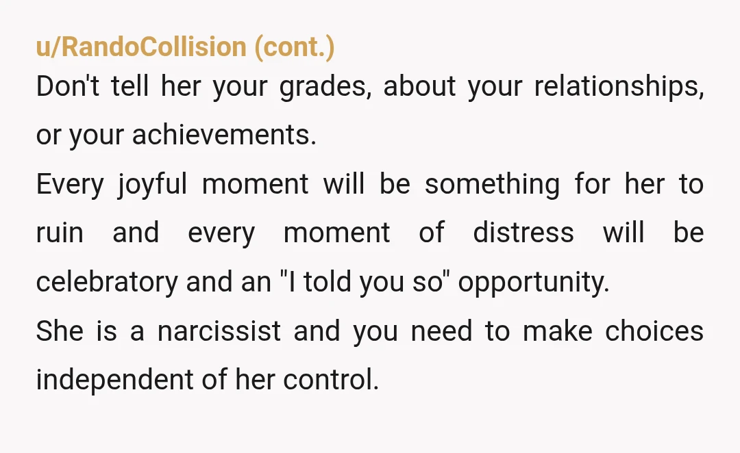 u/EthylMertz NTA. Mom may benefit by seeing a therapist. It's not too late for her to make a new life for herself. I enrolled at the local community college when...