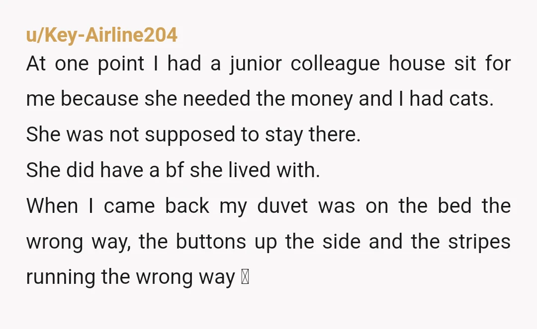 u/Key-Airline204 At one point I had a junior colleague house sit for me because she needed the money and I had cats. She was not supposed to stay there. She...