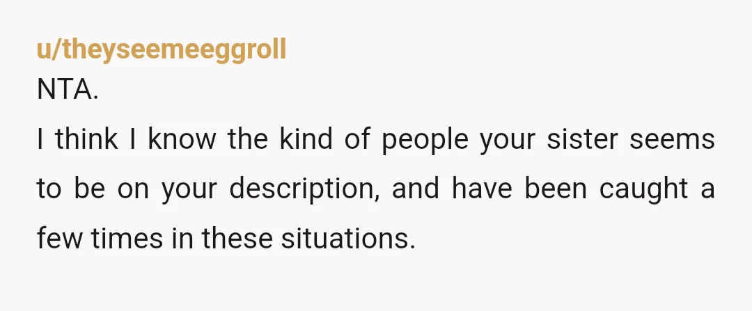 u/theyseemeeggroll NTA. I think I know the kind of people your sister seems to be on your description, and have been caught a few times in these situations. They’re abusive,...