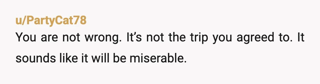 u/PartyCat78
You are not wrong. It’s not the trip you agreed to. It sounds like it will be miserable.