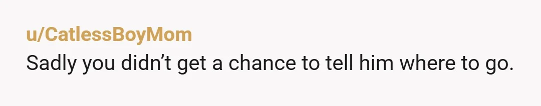 u/CatlessBoyMom
Sadly you didn’t get a chance to tell him where to go.