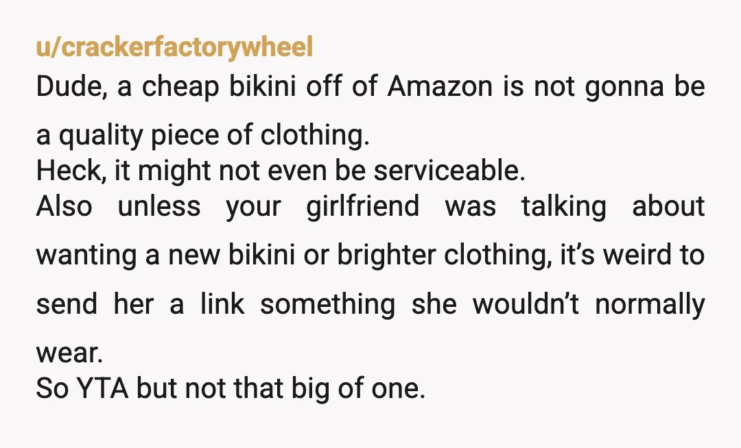 u/crackerfactorywheel Dude, a cheap bikini off of Amazon is not gonna be a quality piece of clothing. Heck, it might not even be serviceable. Also unless your girlfriend was talking...