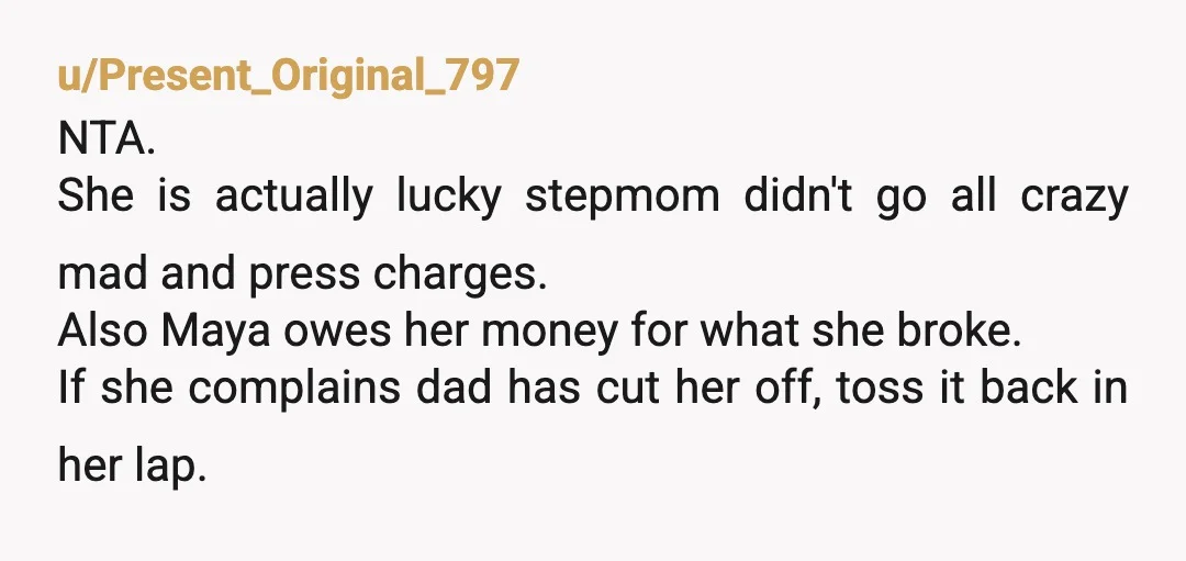 u/Present_Original_797 NTA. She is actually lucky stepmom didn't go all crazy mad and press charges. Also Maya owes her money for what she broke. If she complains dad has cut...