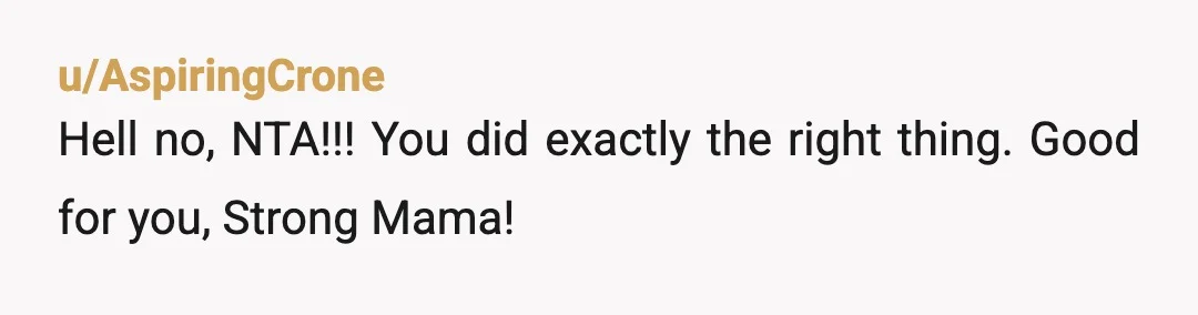 u/AspiringCrone
Hell no, NTA!!! You did exactly the right thing. Good for you, Strong Mama!
