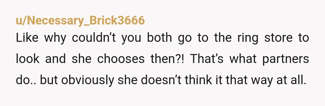 u/Necessary_Brick3666 Like why couldn’t you both go to the ring store to look and she chooses then?! That’s what partners do.. but obviously she doesn’t think it that way at...
