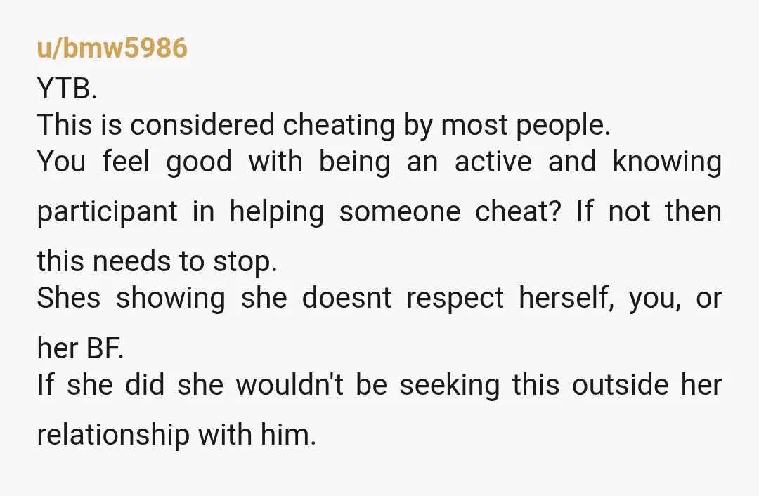 u/snootgoo My guess is that there's more to this than her wanting to sext. She's looking for a reason to get rid of the boyfriend, and she may be interested...