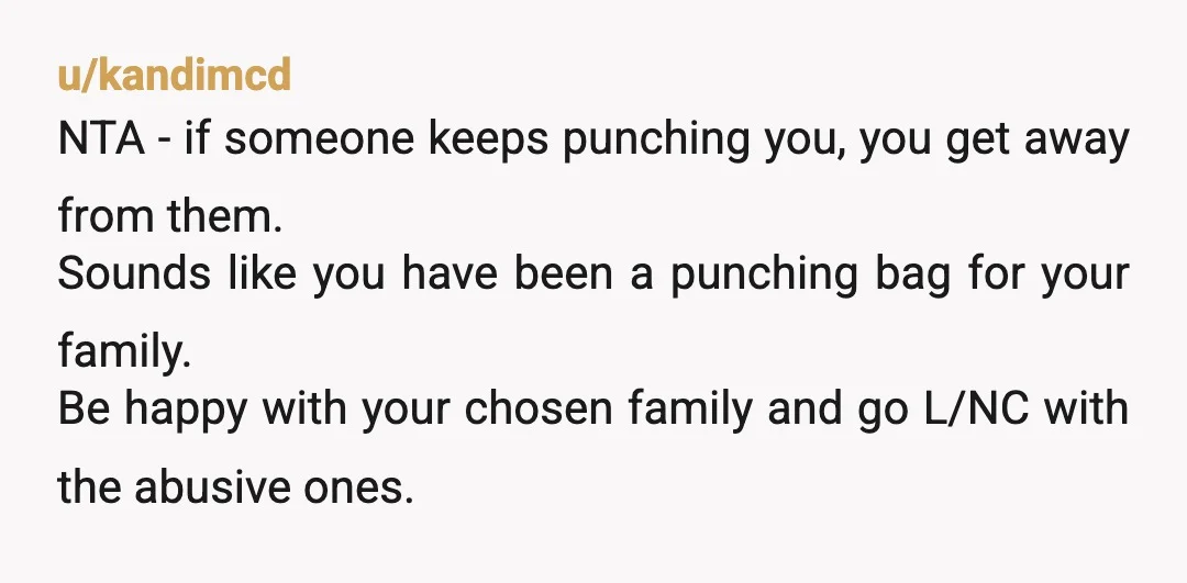 u/nanladu Maybe it's time to go low contact with your immediate family. They all sound like they encourage your sister's immature, unhealthy, Main Character behavior. Also, to avoid a nightmare...