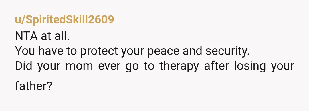 u/SpiritedSkill2609
NTA at all.
You have to protect your peace and security.
Did your mom ever go to therapy after losing your father?