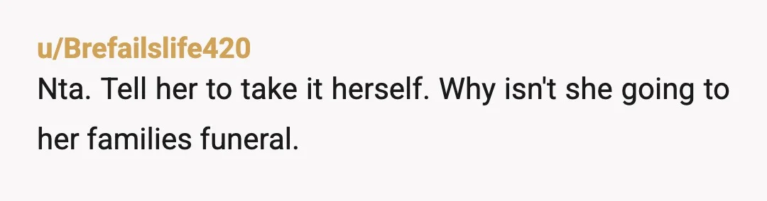 u/Brefailslife420
Nta. Tell her to take it herself. Why isn't she going to her families funeral.