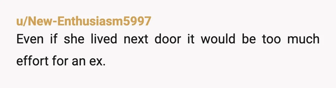 u/New-Enthusiasm5997
Even if she lived next door it would be too much effort for an ex.